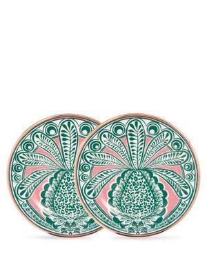La DoubleJ - Set Of Two 18kt-gilded Porcelain Dessert Plates - Womens - Green Multi - recommended by Andrea Badendyck